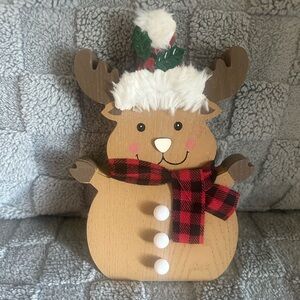 Festive Plaid Scarf Wooden Light Up Reindeer Holiday Decor - Brown